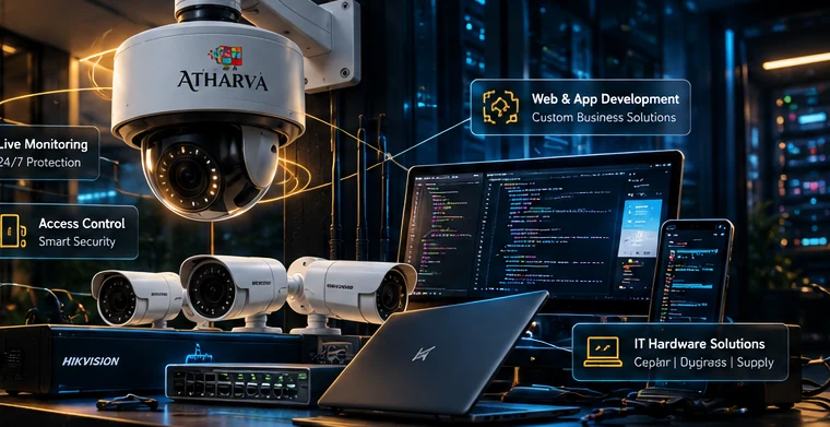 Illustration of an ATHARVA-branded surveillance camera, security systems, laptop hardware and software development work